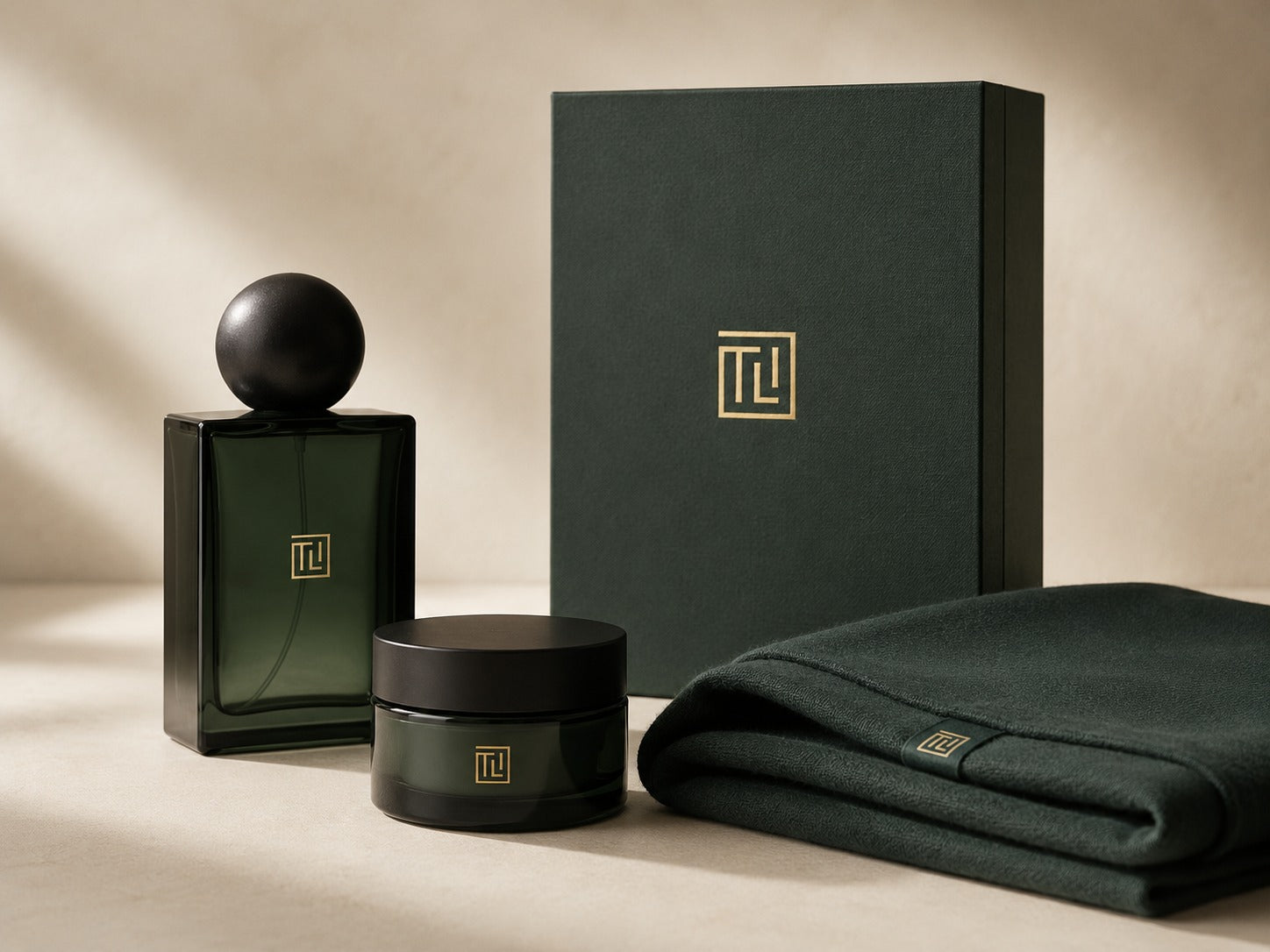 TLI fragrance bottle, jar, gift box, and folded pouch gift set