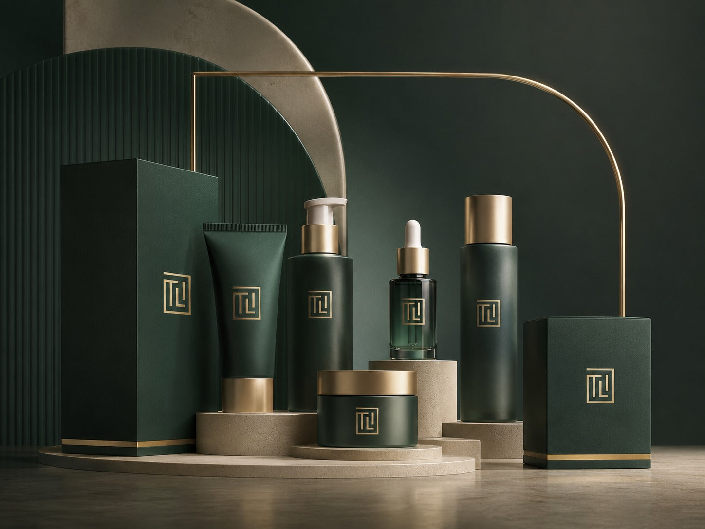 Full TLI product lineup of bottles, jars, and packaging