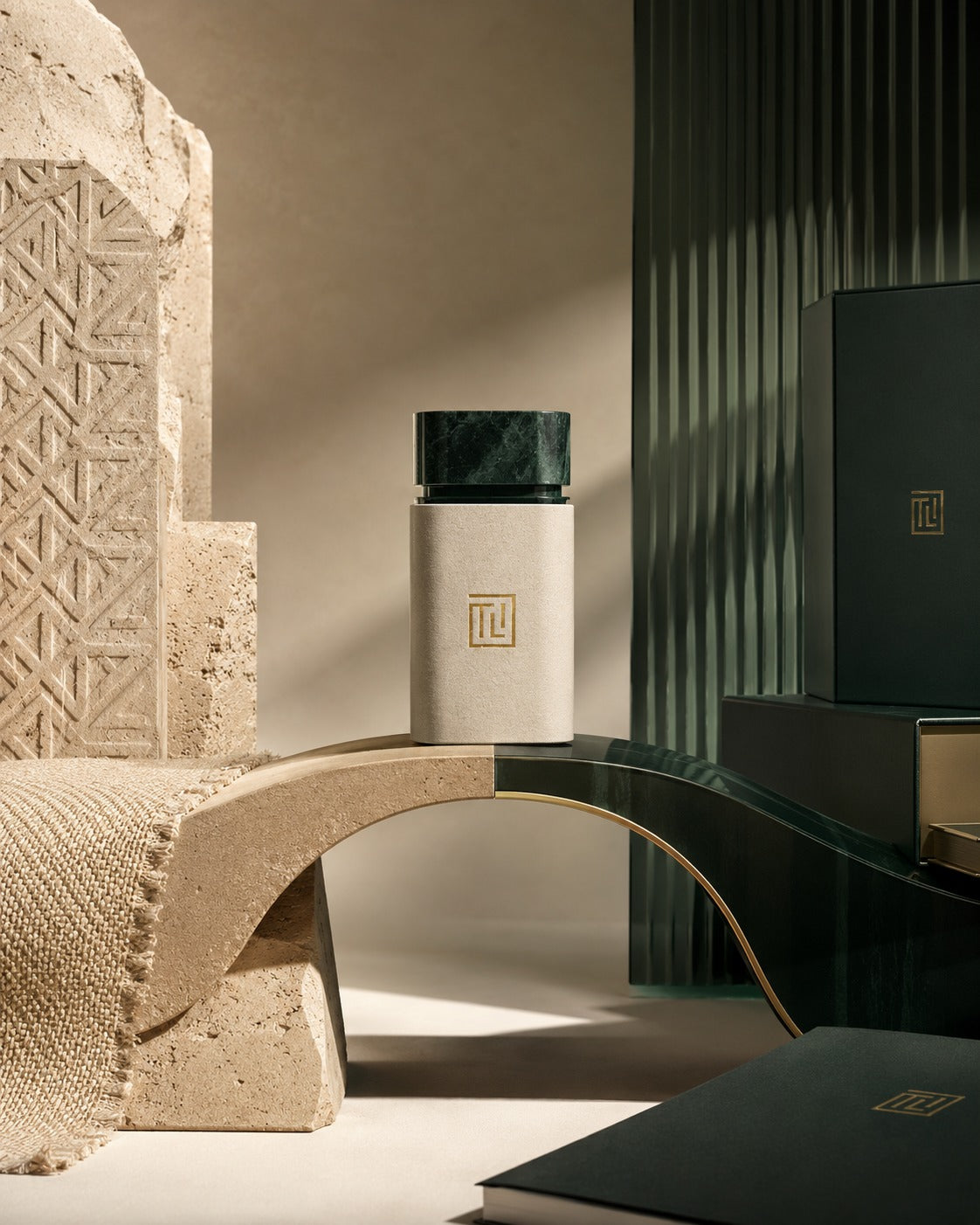 TLI travertine stone product display with carved Arabian architectural detail