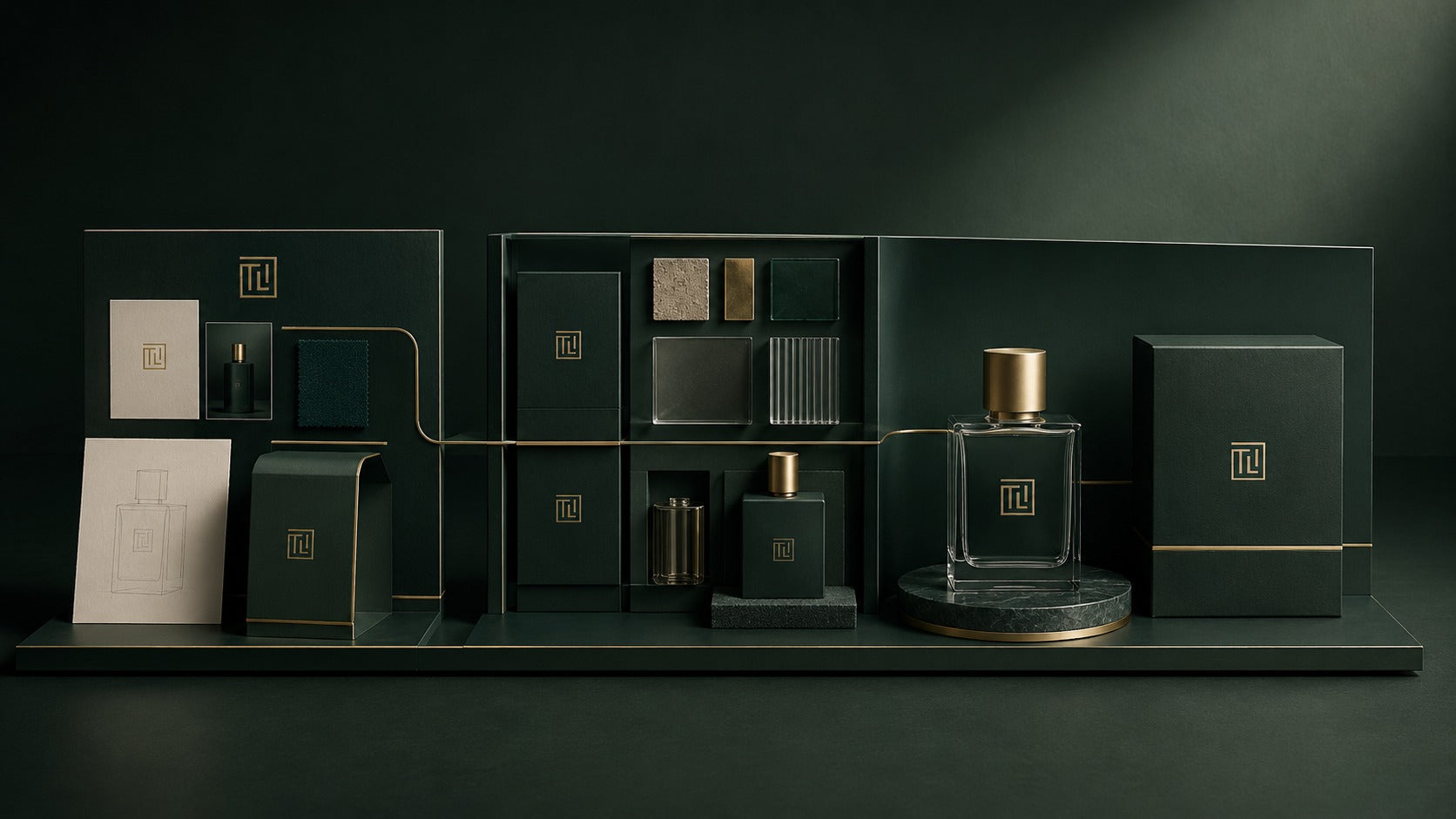 Flat lay of TLI branded packaging, sketches, and material swatches
